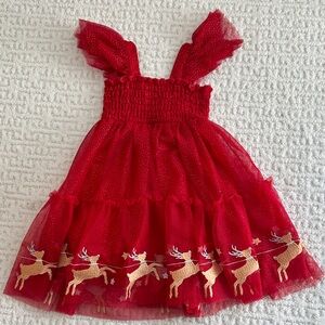 Zunie Kids Girls Red Ruffled Christmas Dress with Gold Reindeer - 3T